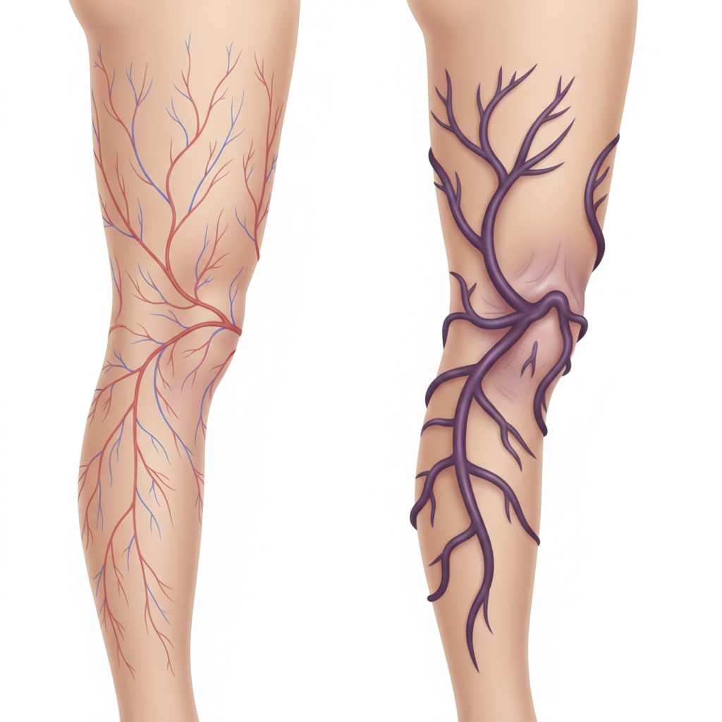 Spider Veins vs. Varicose Veins: What’s the Difference? Comparison of spider veins and varicose veins on human legs showing visual differences