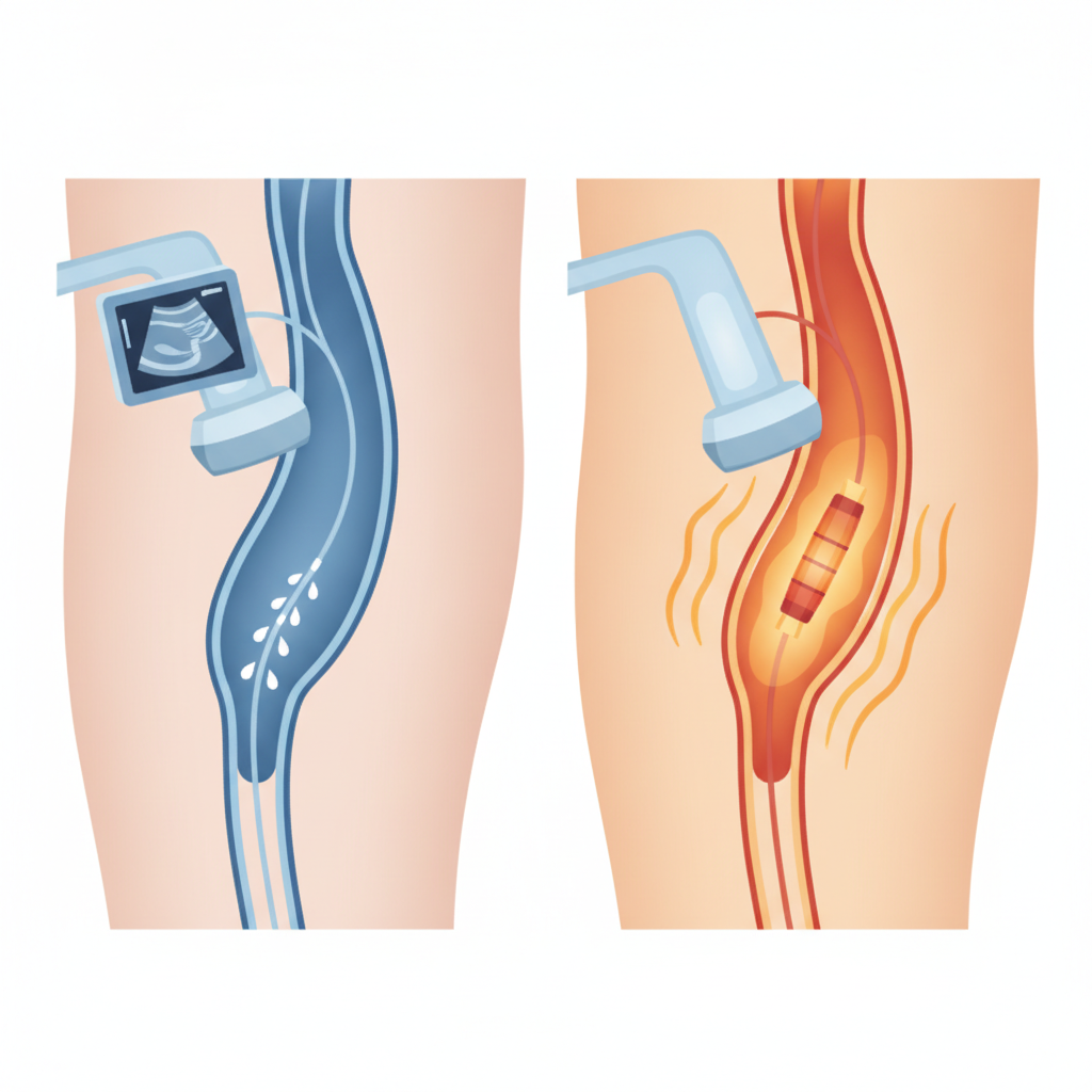VenaSeal vs. Radiofrequency Ablation: Which Vein Treatment Is Right for You? Medical illustration comparing VenaSeal adhesive closure with radiofrequency ablation heat treatment for vein closure