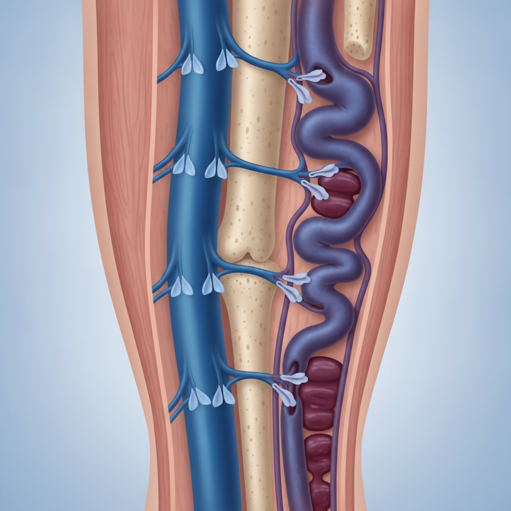 What Is Chronic Venous Insufficiency? Close-up of lower legs showing vein structure and circulation, medical illustration style with subtle color gradients.
