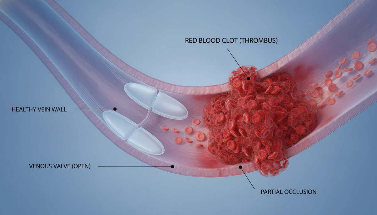 How Blood Clots Affect Vein Health Cross-section of leg vein showing blood clot formation and circulation obstruction