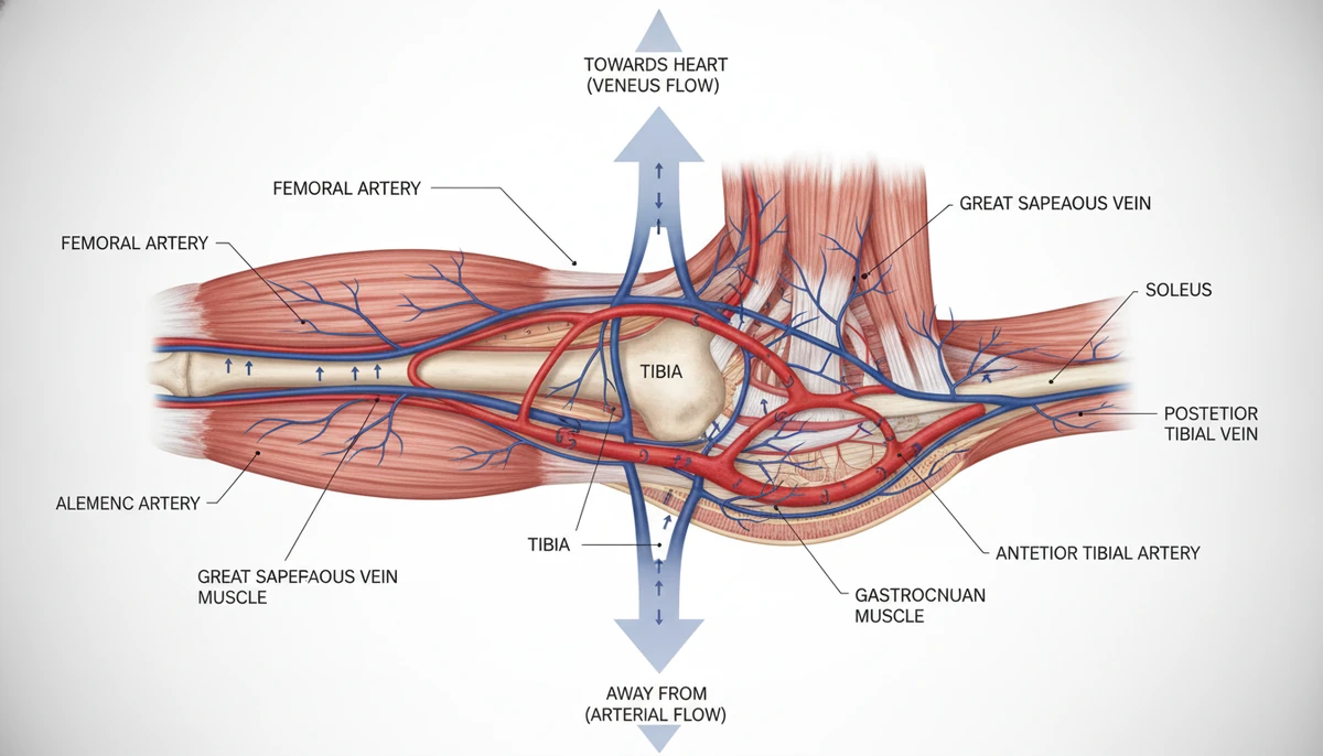 Venous Insufficiency vs. Peripheral Artery Disease: What’s the Difference? Anatomical comparison of veins and arteries in the leg showing blood flow direction